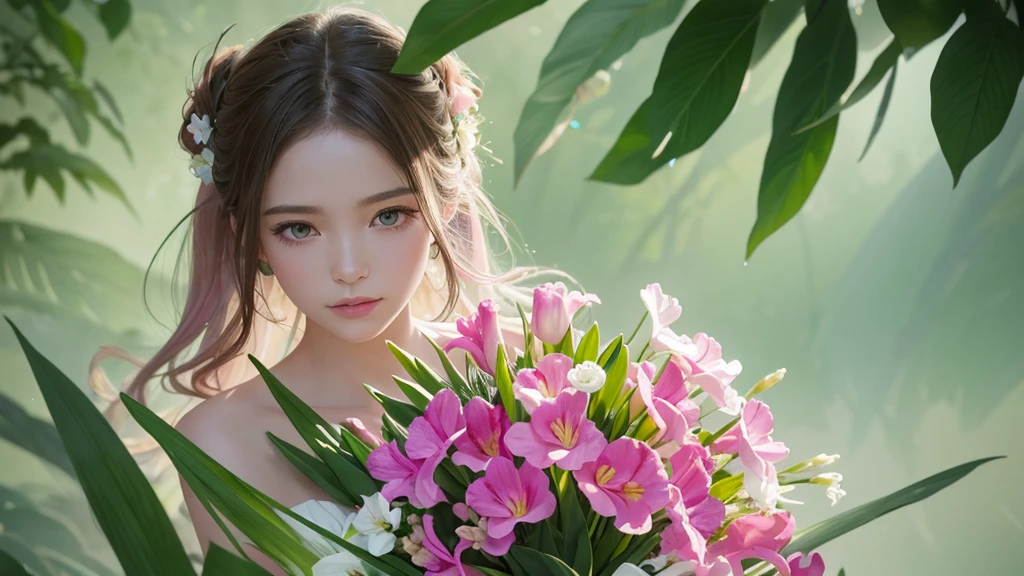 32k, Masterpiece, Highest quality, One girl, Detailed eyes, flower,gladiolus, Green and pink style,A dreamy, romantic piece,Pale pink, Mysterious Leaves,A playful arrangement,Fantasy,High Contrast,Ink strokes,explosion,Exposure, Impression of green and white tones,Abstract,((Watercolours by John Berkey and Jeremy Mann )) Brush strokes,Negative Space, Tyndall effect,