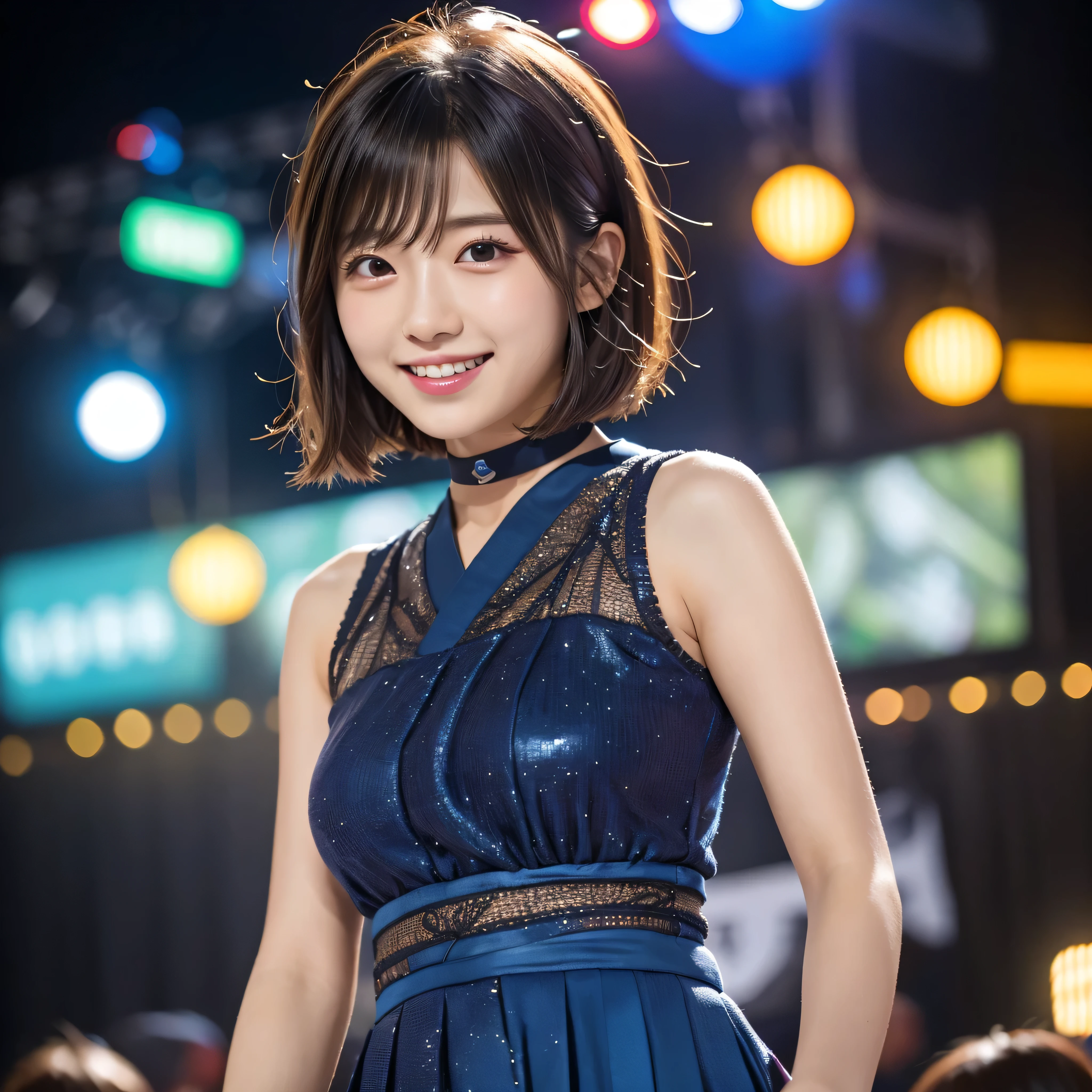 (RAW Photo, Best Quality), (Realistic, Photo Realistic: 1.3), Best Quality, Highly Detailed, Masterpiece, Ultra Detailed, 1 Girl, upper_body, Dynamic Angle, Extremely Detailed CG Unified 8k Wallpaper, Ink, Amazing, Movie upper_body, World Mastery Theater, messy_long_hair, Best Quality, Extremely Detailed CG Unified 8k Wallpaper, Ink, Amazing, Movie Lights, lens_flare, Detailed Face, (Deliberate expression: 1.5), sony master shot, woman posing for photo in front of tv, hi-res screenshot, normal hands, nice studio lighting, vhs screenshot, beautiful fine face, (Japanese teenage girl idol:1.5), performing on stage, (wearing blue-color idol costume:1.5), black short bob hairstyle, smiling,stage background, stage lights, concert setting, not city background