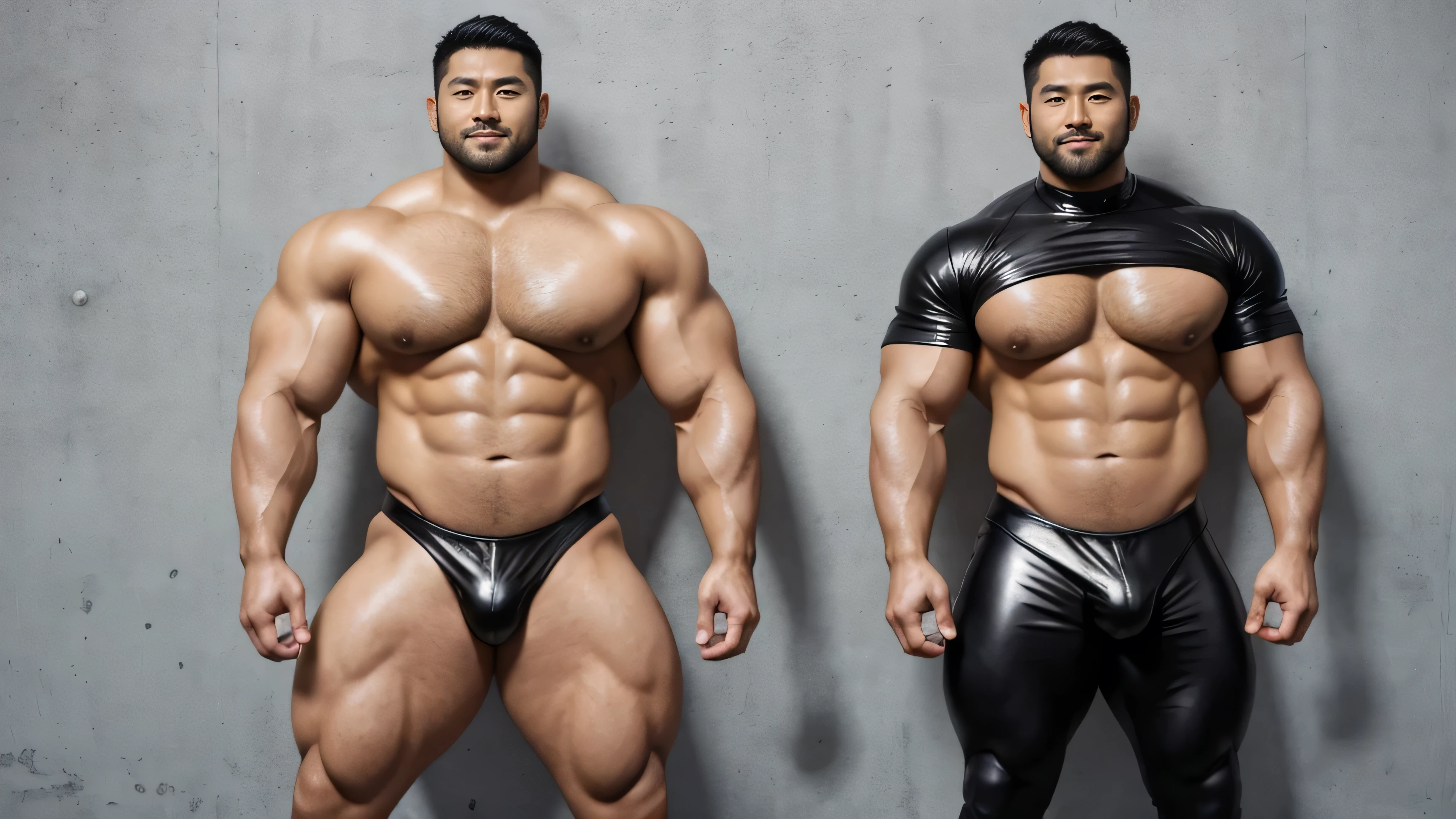 There is only one handsome Asian actor in the photo,35 years old,High target, Fitness,short hair, O-Shaped Beard,Perfect body, Skin color black,Radiant Skin,Smooth skin,Muscle bulge, muscular, Very large pectoral muscles,Very sexy abdominal muscles,Very well-developed leg muscles,Huge concave and convex area,Brightens oily skin,Wearing black leather shiny thong,Handsome face, Correct and accurate male body proportions, Wear black leather socks,Standing in front of gray background wall。