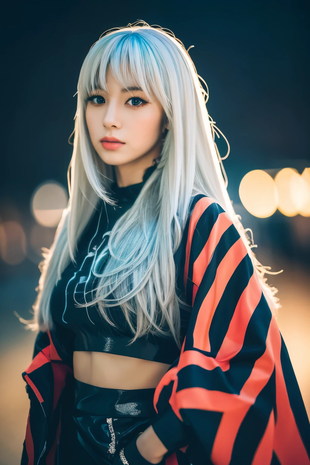 Masterpiece, high quality, high resolution, 8K, (solo:1.2), ((1girl)), Japanese woman, detailed face, detailed eyes, correct body structure, upper body, ((White hair:1.2)), very long hair, messy hair, slender body, seductive silhouette, luminous bones, depth of field, dark photo at nighttime, dimly lit, bangs, Cinematic Lighting, Tyndall effect, abstract background, futuristic outfits, vibrant colors, modern style, wide sleeves, artistic, unique patterns, colorful, stylish, trendy