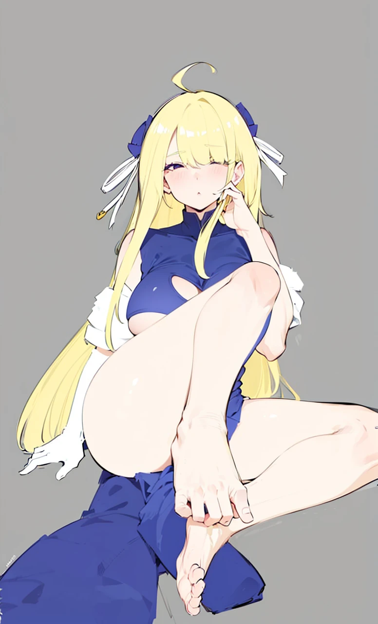 Regenerate, long blonde hair, sleeveless, big breast, thick thighs, sitting on the floor showing top of her foot
