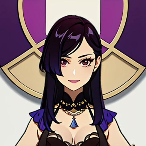 [a beautiful mature woman with a seductive smile and parted lips against a white background. She has sharp eyelashes, perfect brown eyes,  long black hair with bangs. His figure is voluptuous, with a narrow waist, Broad Hips, and huge breasts. The image has a style inspired by Genshin impact, with necklace with a purple crystal, rendered in high detail and HDR quality as a stunning work of art.] Full HD , Nude