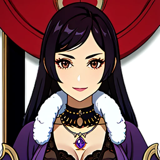 [a beautiful mature woman with a seductive smile and parted lips against a white background. She has sharp eyelashes, perfect brown eyes,  long black hair with bangs. His figure is voluptuous, with a narrow waist, Broad Hips, and huge breasts. The image has a style inspired by Genshin impact, with necklace with a purple crystal, rendered in high detail and HDR quality as a stunning work of art.] Full HD , Nude