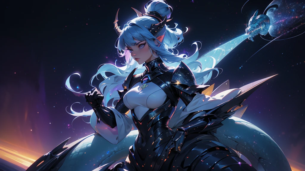 A space dragon sitting at the edge of the universe, lonely, sad, void, stars, the stars mixed in the sea, a sea of stars, ethereal woman, Blue and purple hair , space buns, space outfit, white black and gold outfit, golden dragon horns and tail, space outfit, space suit, mass effect suit, perfectly drawn face, black dress, stars detailed background, prismatic lighting, glitter, whole body, walking on the stars with crystal shoes A beautiful dragon humanoid woman with space hair of variant shades of blue and purple with space buns in hair , Golden scanes on the face and shoulders, Anime, 4k, Beautiful woman with a golden dragon tail and horns, Space hair, Floating in space, Vintage space Attire, floating through space, dancing, havign fun, Space Witch, Witch, Older woman, Toned physique, long hair with side bangs, humanoid face with scales, human with dragon horns and tail, witch outfit, body suit, thigh boots, wearing black, white and gold, blue hair, purple hair, Woman in space with water rippling reflecting the night sky, space and water mixed today, dancing in space, floating, ethereal dragon at the edge of the universe, end of the universe