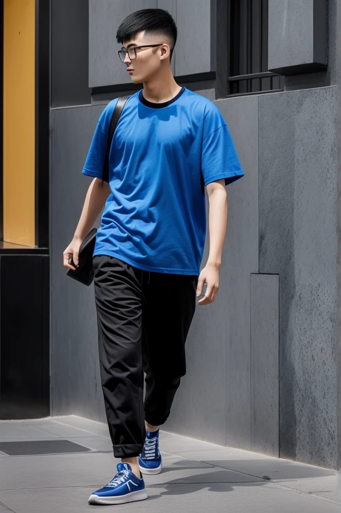 21 year old Beijing boy, he is wearing a oversize xxl blue plain t-shirt, he is wearing black trousers, he is wearing sneakers, he is wearing glasses, city, full body,  he is buzz cut Hair, foot, walking 