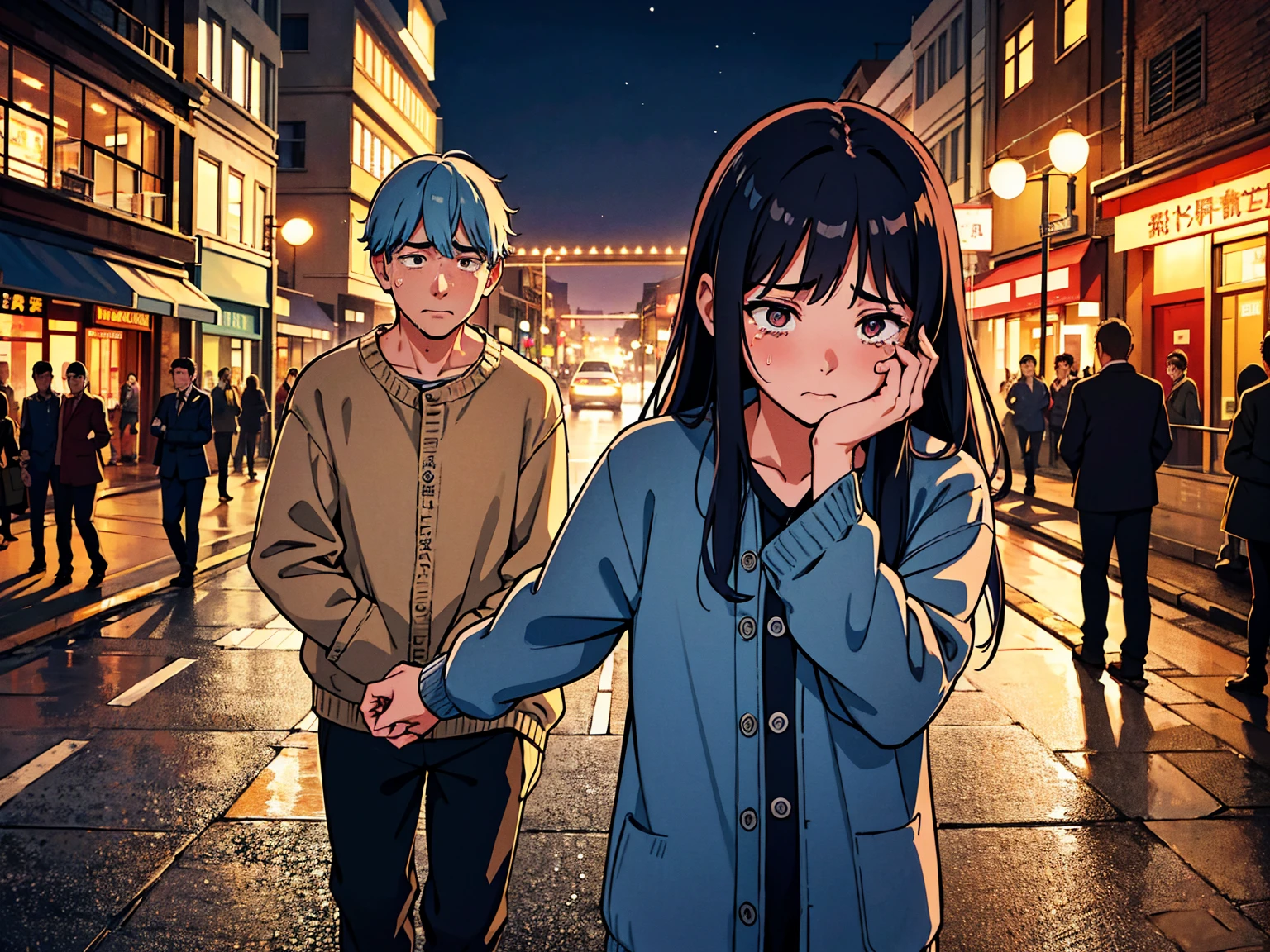 浮気された女性がLeaving男性に手を伸ばしている。The woman is heartbroken、Tears flowing as he holds out his hand。Her face had a look of mingled sadness and despair.、Tears are running down my cheeks。she is wearing casual clothes、Standing on a city street at sunset。The man turns away with a look of guilt and sadness on his face.、Leaving。The street lights are dim、some people in the background々And the city lights are starting to come on。Make the scene permeate with pain and emotional suffering。