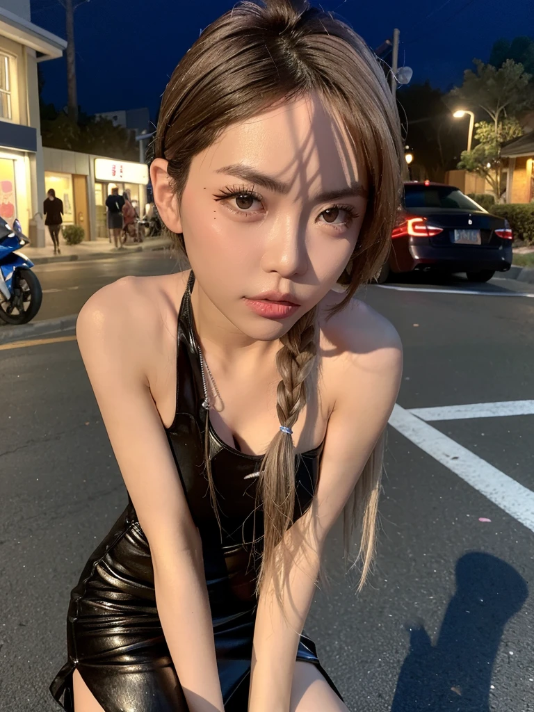 Full-body photo, The most cheap Chinese godness prostitute, streetwhore，streethooker，A very clear face，tatto on the face and breast， Standing by the dirty roadside，soliciting clients on a night poor and dirty street, night, eye contact, looking at client,A sexy and teasing expression， masterpiece, best quality, perfect detail, perfect face detail, perfect eye detail, perfect skin detail, have to many man, perfect lighting，Breasts larger than torso。smooth and delicate woman。beautiful woman，cheap prostitute。Hairpin。