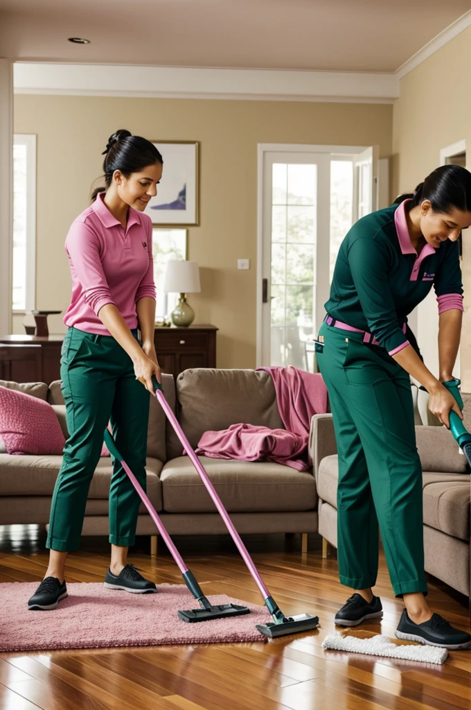 Housekeeper with a dark pink long-sleeved polo shirt and loose green pants cleaning the living room floor