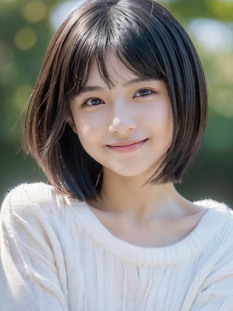 Best-Quality, Masterpiece, Ultra-High-Resolution, (Photorealistic:1.4), Raw-Photo, Hyper-Detailed, 1girl, (15-years-old, Japanese famous idol, wearing loose sweater, portrait, face focus, (twinkle smile, looking at viewer), ((extremely cute face like a the most popular Japanese idol, amazingly beautiful big black eyes, beautiful black short-cut-haired, very beautiful white realistic skins)), detailed face, detailed eyes, detailed hair, detailed white realistic skins