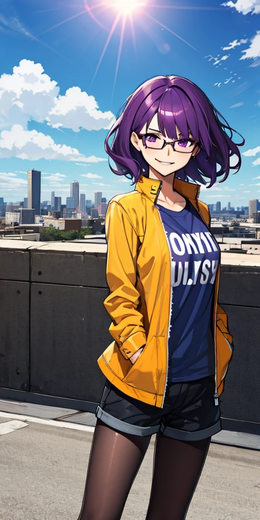(masterpiece), best quality, expressive eyes, highres, anatomically correct, 1girl, perfect face, perfect hands, female, short hair, messy hair, wavy hair, purple hair, side bang, purple eyes, fair skin, medium chest, slight smirk, purple glasses, casual wear, cowboy shot, half body, perfect anatomy, shorts, graphic t-shirt, jacket, casual wear, pantyhose, medium bust, hands in pockets, posing, city background, blue sky, clouds, sun,