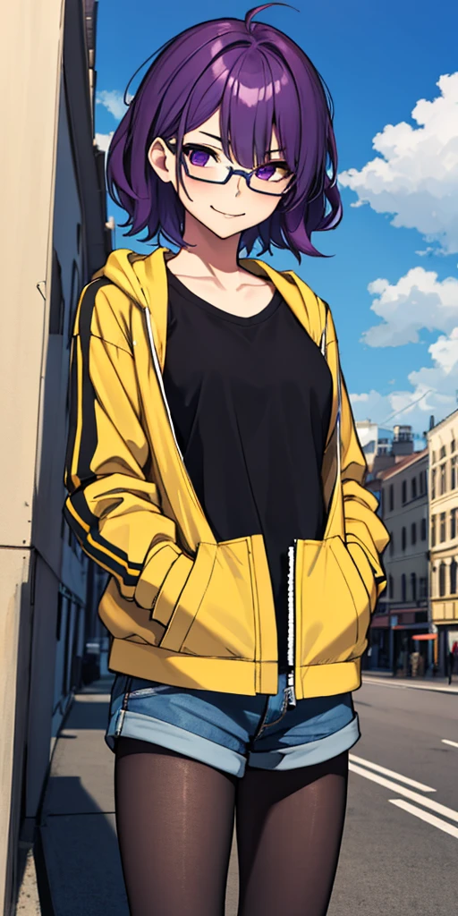 (masterpiece), best quality, expressive eyes, highres, anatomically correct, 1girl, perfect face, perfect hands, female, short hair, messy hair, wavy hair, purple hair, side bang, purple eyes, fair skin, medium chest, slight smirk, purple glasses, casual wear, cowboy shot, half body, perfect anatomy, shorts, graphic t-shirt, jacket, casual wear, pantyhose, medium bust, hands in pockets, posing, city background, blue sky, clouds, sun,