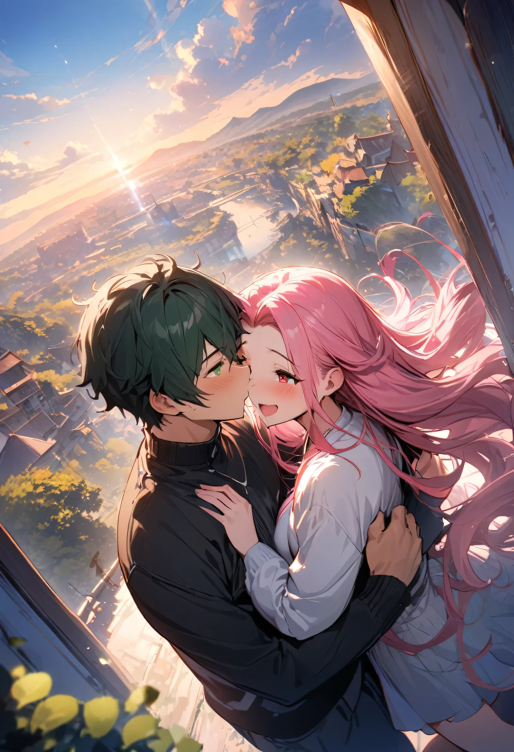 (couple), girl and boy, boy kiss girl's forehead, sky, rich in detail, embrace, happy expression, love, super wide angle, 1girl, (((masterpiece, best quality, scenery, aesthetic, heavenly))), ((girl with red eyes, vibrant pink long hair)), ((intimate)), 1boy, ((boy with green eyes, short black curly hair, slightly taller))