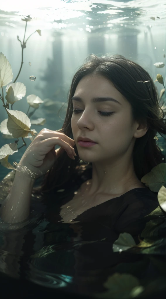 underwater,eyes closed,loose hair,some petals and leaves float on the water surface,
light leaks,many bubbles underwater,
Extremely high-resolution details,photographic,realism pushed to extreme,fine texture,incredibly absurdres,absurdres,masterpiece,Extremely high-resolution details,realism pushed to extreme,fine texture,Hyperrealism style,