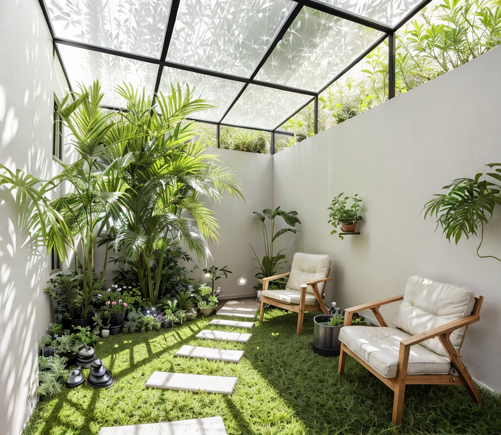 garden in house, chair, grass on ground, plant, (( god ray light )), ((dramatic mood))