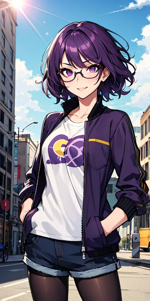 (masterpiece), best quality, expressive eyes, highres, anatomically correct, 1girl, perfect face, perfect hands, female, short hair, messy hair, wavy hair, purple hair, side bang, purple eyes, fair skin, medium chest, slight smirk, purple glasses, casual wear, cowboy shot, half body, perfect anatomy, shorts, graphic t-shirt, jacket, casual wear, pantyhose, medium bust, hands in pockets, posing, city background, blue sky, clouds, sun,