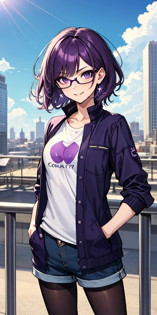 (masterpiece), best quality, expressive eyes, highres, anatomically correct, 1girl, perfect face, perfect hands, female, short hair, messy hair, wavy hair, purple hair, side bang, purple eyes, fair skin, medium chest, slight smirk, purple glasses, casual wear, cowboy shot, half body, perfect anatomy, shorts, graphic t-shirt, jacket, casual wear, pantyhose, medium bust, hands in pockets, posing, city background, blue sky, clouds, sun,