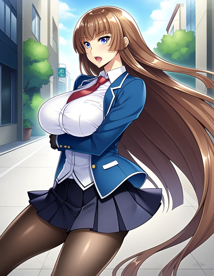 score_9, score_8_up, score_7_up, source_anime, game cg, beautiful detailed eyes, aoi_nagisa_\(metalder\), BREAK solo, 1girl, koukawa asuka, brown hair, long hair, blue eyes, bangs, side bangs, (huge breasts:0.8), medium body, BREAK school_uniform, (underbust blue open jacket:1.1), white collared blouse, red long necktie, black gloves, black pleated skirt, black pantyhose, BREAK expressionless, open mouth, model pose, outside, street, cowboy shot,