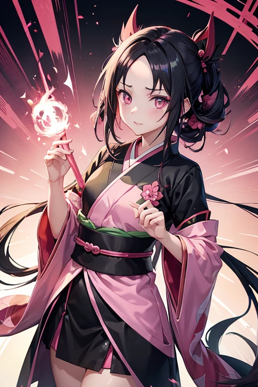 Anime,Nezuko Kamado,Demon Slayers series,Anime series , wide four head,pink pupils,pink kimono with green and black belt, long black hairs