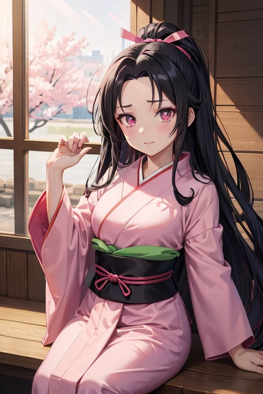 (((masterpiece))), Nezuko, (1girl, Ultra-realistic photo of Nezuko Kamado, a very beautiful woman, bright pink eyes, (((blushed face))), long black hair and orange hair tips), (Japanese pink kimono), Nezuko, (ultra giant breasts, huge breasts that are about to explode, showing beautiful pointy breasts, huge breasts out of her clothes), (based on the Demon Slayer kimetsu no yaiba), clean and detailed anime art, professional art, perfect detail, Professional photos taken up close, (((hand on crotch, pussy juice, seductive pose))),