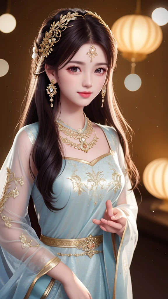best quality, masterpiece, highres, 1girl, transparent silk china dress, beautiful face, hair ornament, looking at viewer, smile, closed mouth,lips, dress,hair ornament, necklace, jewelry, long hair, earrings, Beautiful face,upon_body, tyndall effect,photorealistic, dark studio, rim lighting, two tone lighting,(high detailed skin:1.2), 8k uhd, dslr, soft lighting, high quality, volumetric lighting, candid, Photograph, high resolution, 4k, 8k, Bokeh