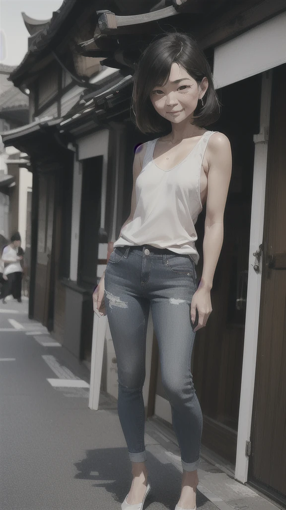 ((Highest quality)), ((8K)), ((masterpiece:1.3)), (Perfect look), (animation: 1.6), (Monochrome images), (PT, TI, JMA), (Walking woman), (A Japanese woman walking through an old town), (A wide street), (Japanese houses line both sides of the road), Blurred Background, ((Realistic skin texture)), (Fine wrinkles appear all over the skin), (Dull skin), (Unmoisturized skin) , (Facial wrinkles), (Wrinkles around the eyes), double eyelid, Lower eyelid tear trough, The eyes are looking here, Smiling with a gentle gaze, (Dimples), Red lips, (Mushroom cut), Laugh with the corners of your mouth turned up, Soft fabric tank top, Slim jeans, High heels, Hair blowing in the wind, (Small breasts), (Small breasts), (Flat Chest: 1.2), (Standing posture, Full body portrait),