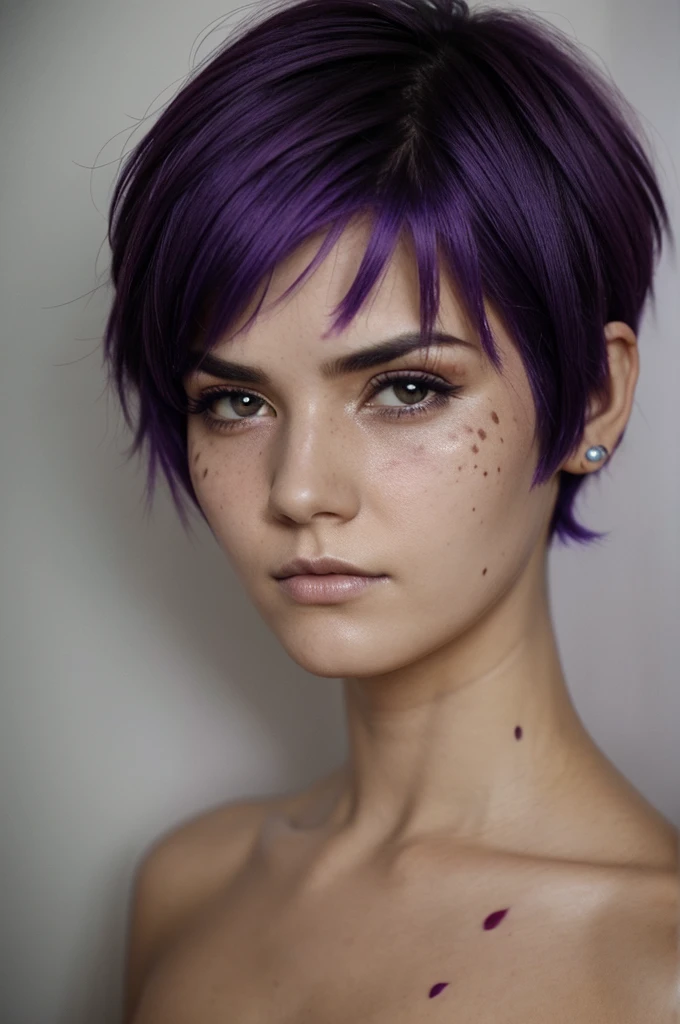 short purple hair , serious face with blood spots on the face