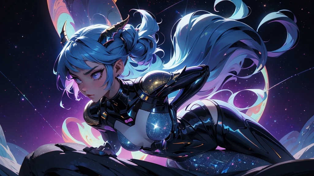 A space dragon sitting at the edge of the universe, lonely, sad, void, stars, the stars mixed in the sea, a sea of stars, ethereal woman, Blue and purple hair , space buns, space outfit, white black and gold outfit, golden dragon horns and tail, space outfit, space suit, mass effect suit, perfectly drawn face, black dress, stars detailed background, prismatic lighting, glitter, whole body, walking on the stars with crystal shoes A beautiful dragon humanoid woman with space hair of variant shades of blue and purple with space buns in hair , Golden scanes on the face and shoulders, Anime, 4k, Beautiful woman with a golden dragon tail and horns, Space hair, Floating in space, Vintage space Attire, floating through space, dancing, havign fun, Space Witch, Witch, Older woman, Toned physique, long hair with side bangs, humanoid face with scales, human with dragon horns and tail, witch outfit, body suit, thigh boots, wearing black, white and gold, blue hair, purple hair, Woman in space with water rippling reflecting the night sky, space and water mixed today, dancing in space, floating, ethereal dragon at the edge of the universe, end of the universe
