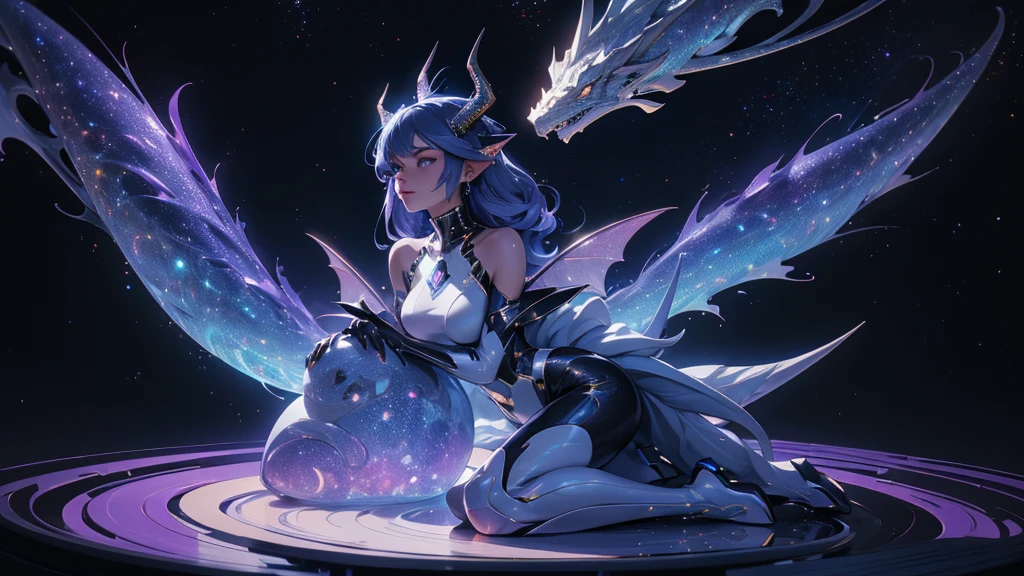A space dragon sitting at the edge of the universe, lonely, sad, void, stars, the stars mixed in the sea, a sea of stars, ethereal woman, Blue and purple hair , space buns, space outfit, white black and gold outfit, golden dragon horns and tail, space outfit, space suit, mass effect suit, perfectly drawn face, black dress, stars detailed background, prismatic lighting, glitter, whole body, walking on the stars with crystal shoes A beautiful dragon humanoid woman with space hair of variant shades of blue and purple with space buns in hair , Golden scanes on the face and shoulders, Anime, 4k, Beautiful woman with a golden dragon tail and horns, Space hair, Floating in space, Vintage space Attire, floating through space, dancing, havign fun, Space Witch, Witch, Older woman, Toned physique, long hair with side bangs, humanoid face with scales, human with dragon horns and tail, witch outfit, body suit, thigh boots, wearing black, white and gold, blue hair, purple hair, Woman in space with water rippling reflecting the night sky, space and water mixed today, dancing in space, floating, ethereal dragon at the edge of the universe, end of the universe