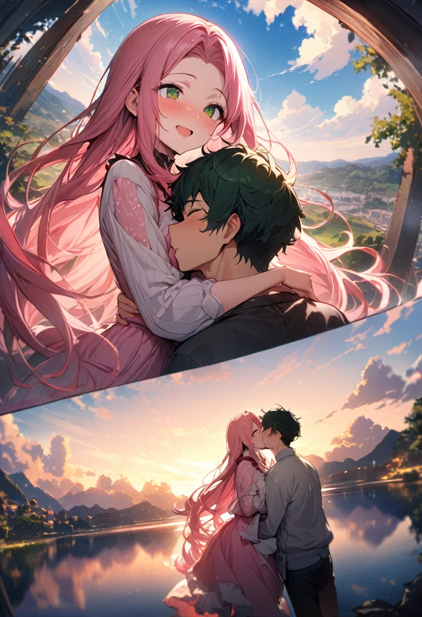 (couple), girl and boy, boy kiss girl's forehead, sky, rich in detail, embrace, happy expression, love, super wide angle, 1girl, (((masterpiece, best quality, scenery, aesthetic, heavenly))), ((girl with red eyes, vibrant pink long hair)), ((intimate)), 1boy, ((boy with green eyes, short black curly hair, slightly taller))
