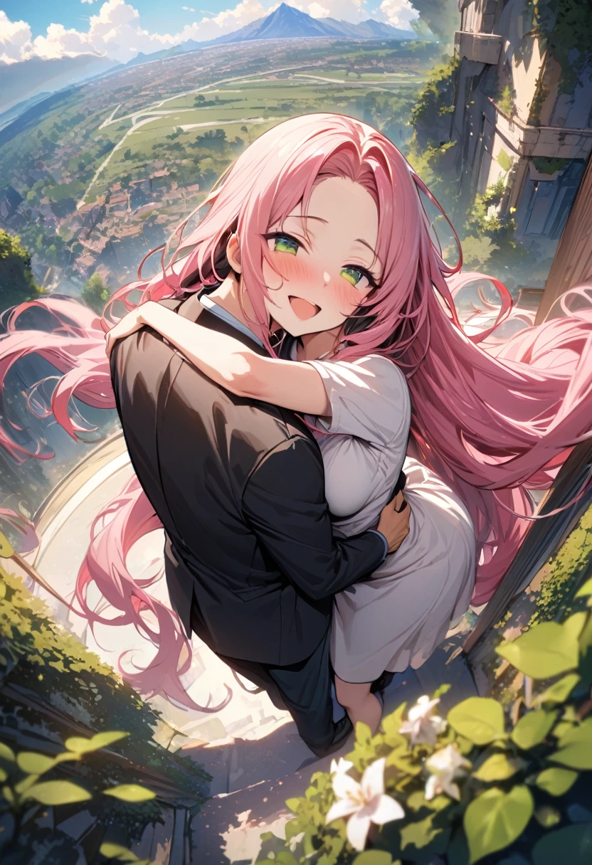 (couple), girl and boy, boy kiss girl's forehead, sky, rich in detail, embrace, happy expression, love, super wide angle, 1girl, (((masterpiece, best quality, scenery, aesthetic, heavenly))), ((girl with red eyes, vibrant pink long hair)), ((intimate)), 1boy, ((boy with green eyes, short black curly hair, slightly taller))