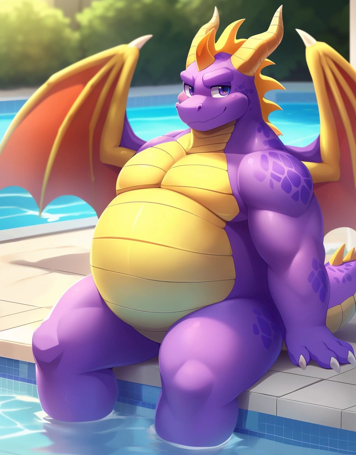 (detailed eyes, detailed face), (bara, Big TheCat tail, claws), male, (Height:2), (Obese, huge Round belly:1.5), (nude:1), sitting, arms behind back, smile, Pool, (soft shading), 8k, UHD, masterpiece