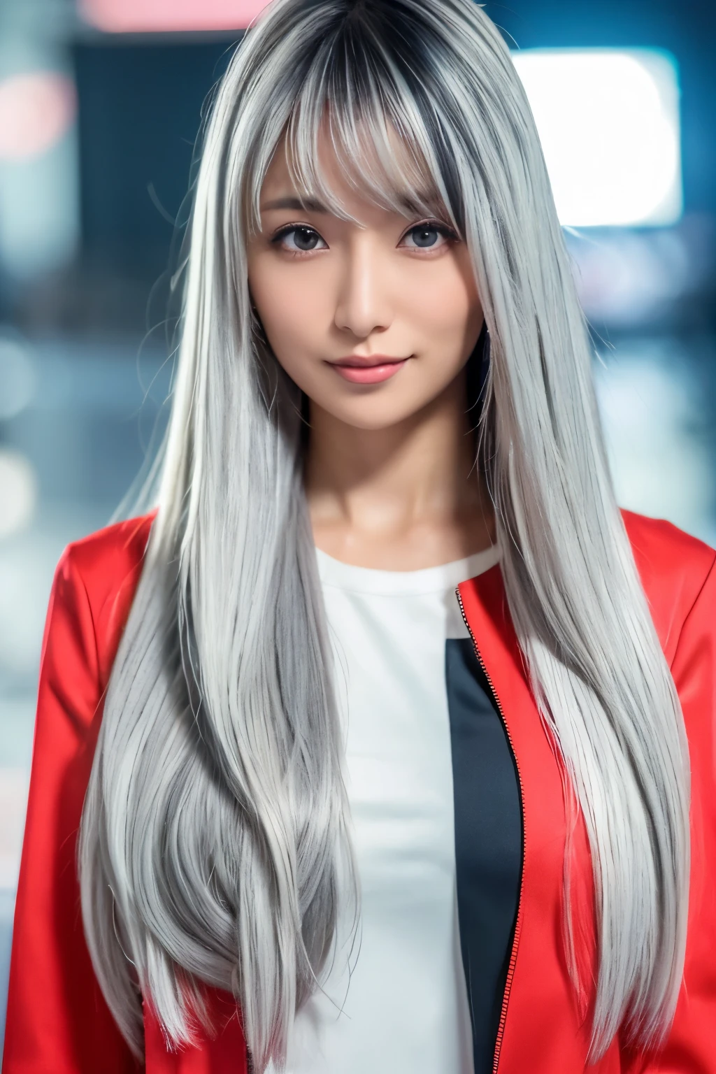 Masterpiece, high quality, high resolution, 8K, (solo:1.2), ((1girl)), Japanese woman, detailed face, detailed eyes, correct body structure, upper body, ((White hair:1.2)), very long hair, messy hair, slender body, seductive silhouette, luminous bones, depth of field, dark photo at nighttime, dimly lit, bangs, Cinematic Lighting, Tyndall effect, abstract background, futuristic outfits, vibrant colors, modern style, wide sleeves, artistic, unique patterns, colorful, stylish, trendy