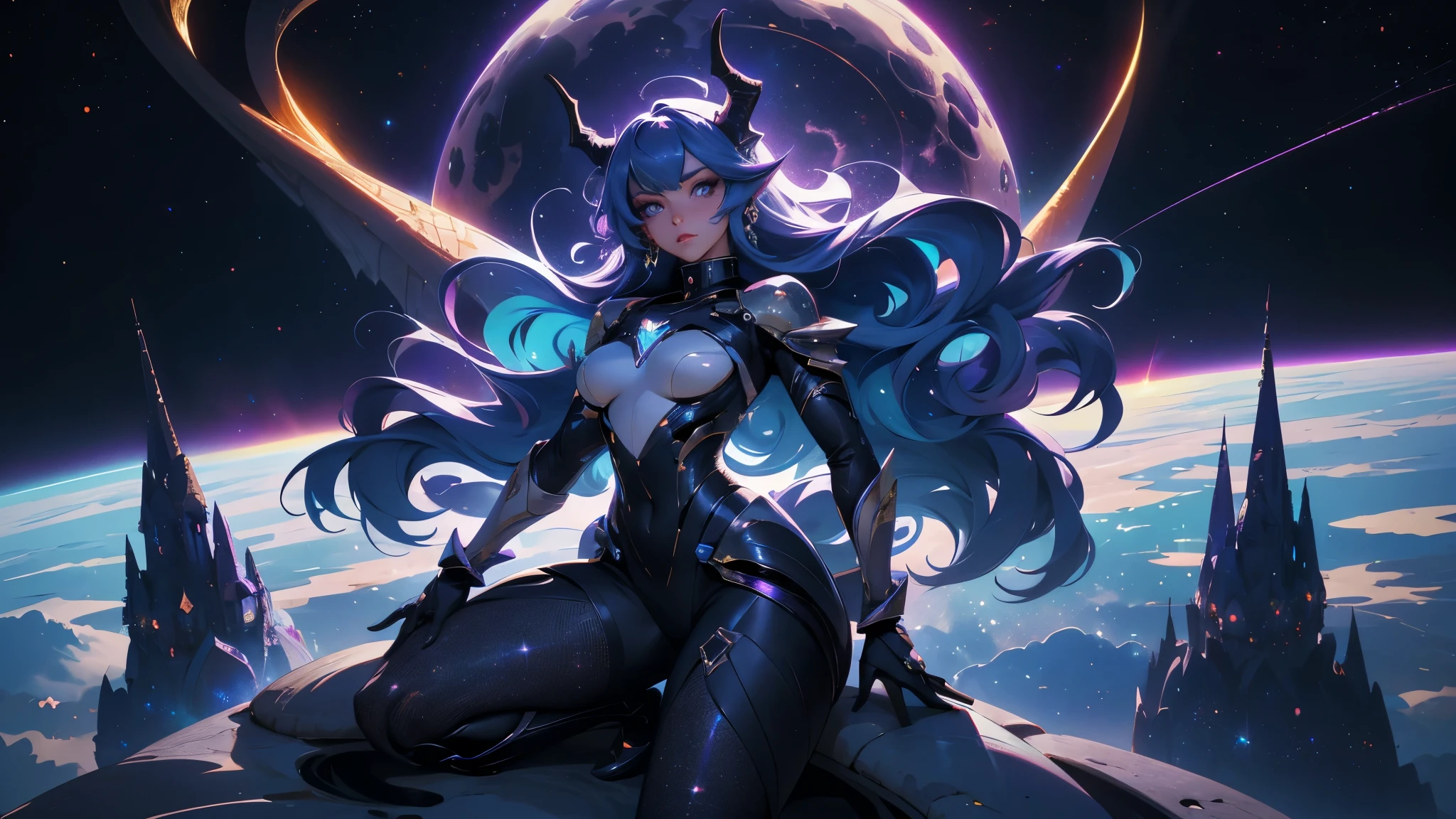 A space dragon sitting at the edge of the universe, lonely, sad, void, stars, the stars mixed in the sea, a sea of stars, ethereal woman, Blue and purple hair , space buns, space outfit, white black and gold outfit, golden dragon horns and tail, space outfit, space suit, mass effect suit, perfectly drawn face, black dress, stars detailed background, prismatic lighting, glitter, whole body, walking on the stars with crystal shoes A beautiful dragon humanoid woman with space hair of variant shades of blue and purple with space buns in hair , Golden scanes on the face and shoulders, Anime, 4k, Beautiful woman with a golden dragon tail and horns, Space hair, Floating in space, Vintage space Attire, floating through space, dancing, havign fun, Space Witch, Witch, Older woman, Toned physique, long hair with side bangs, humanoid face with scales, human with dragon horns and tail, witch outfit, body suit, thigh boots, wearing black, white and gold, blue hair, purple hair, Woman in space with water rippling reflecting the night sky, space and water mixed today, dancing in space, floating, ethereal dragon at the edge of the universe, end of the universe