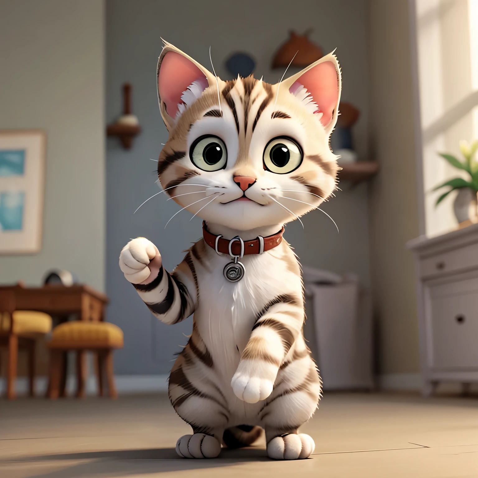 Gray tabby kitten doing thumbs up while smiling slightly
