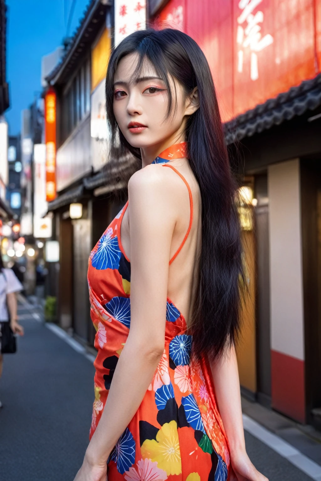 "Create a masterpiece portrait of a Japanese woman with black hair, wearing a vibrant dress. The background should depict Tokyo. The model should have a beautiful face and a model-like physique. Ensure high detail and vivid colors, capturing the essence of modern Tokyo."