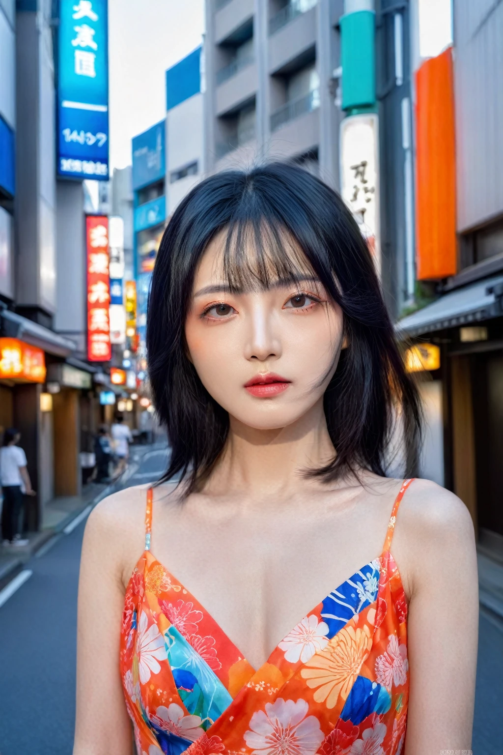 "Create a masterpiece portrait of a Japanese woman with black hair, wearing a vibrant dress. The background should depict Tokyo. The model should have a beautiful face and a model-like physique. Ensure high detail and vivid colors, capturing the essence of modern Tokyo."