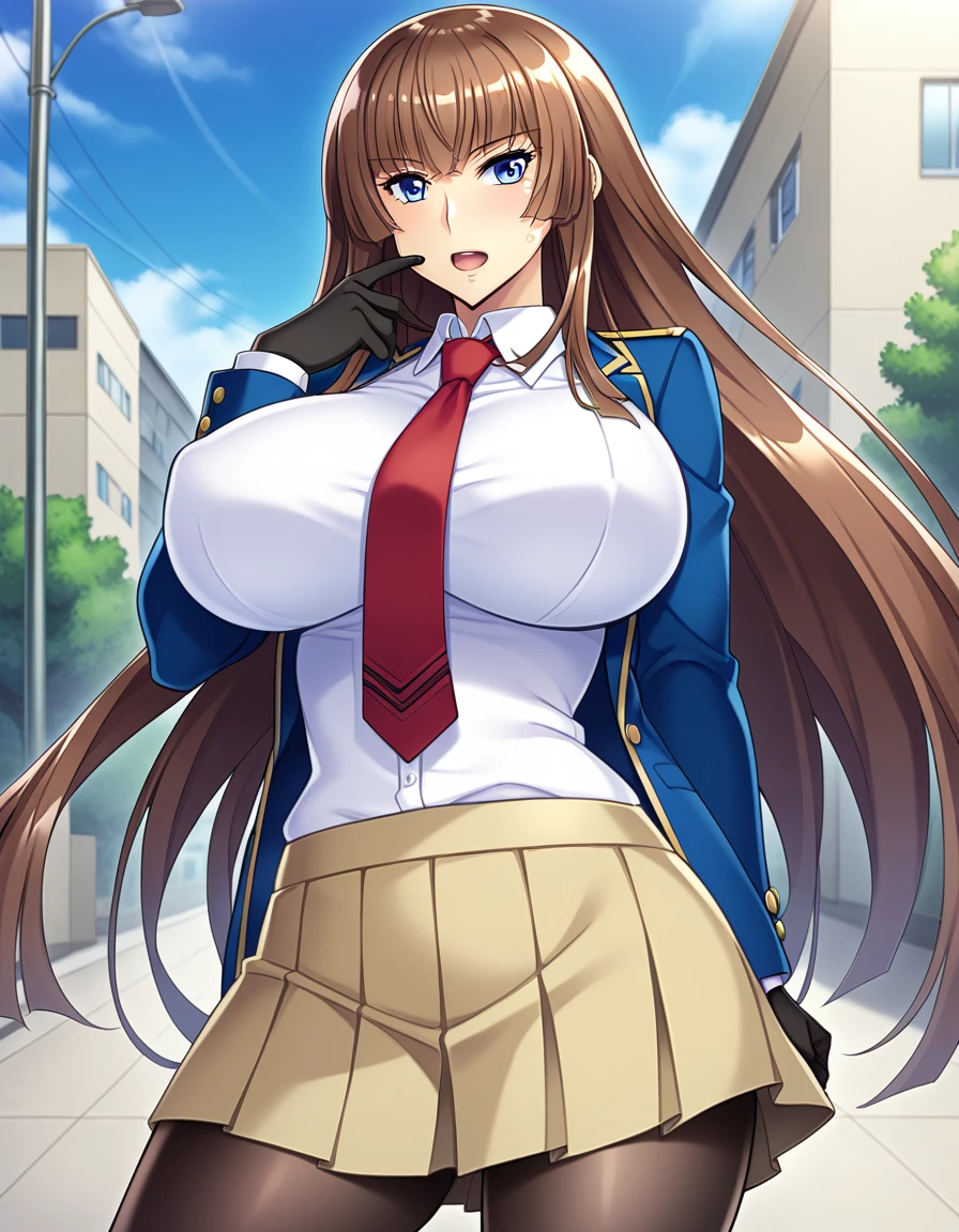 score_9, score_8_up, score_7_up, source_anime, game cg, beautiful detailed eyes, aoi_nagisa_\(metalder\), BREAK solo, 1girl, koukawa asuka, brown hair, long hair, blue eyes, bangs, side bangs, (huge breasts:0.8), medium body, BREAK school_uniform, (underbust blue open jacket:1.1), white collared blouse, red long necktie, black gloves, black pleated skirt, black pantyhose, BREAK expressionless, open mouth, model pose, outside, street, cowboy shot,