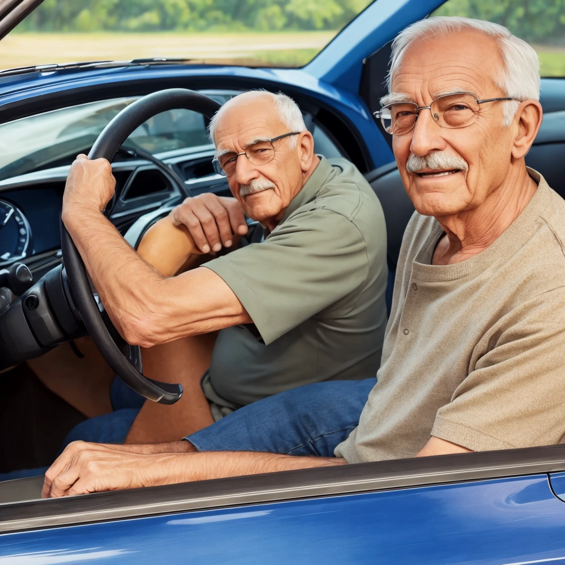 best quality, masterpiece, detailed, Illustration of an elderly man driving a car