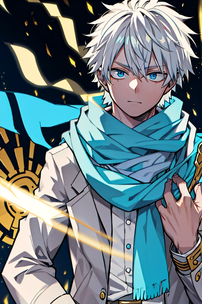 1.5, best quality, high quality, High definition, High quality texture, high detail, beautiful detailed, finely detailed, extremely detailed cg, detailed texture, 1man, boy, male, ((tattered scarf)), white hair, creation powers, golden glow, blue eyes, aloof, cool, young, large scarf, traumatized, vigilante, half mask, vengeful