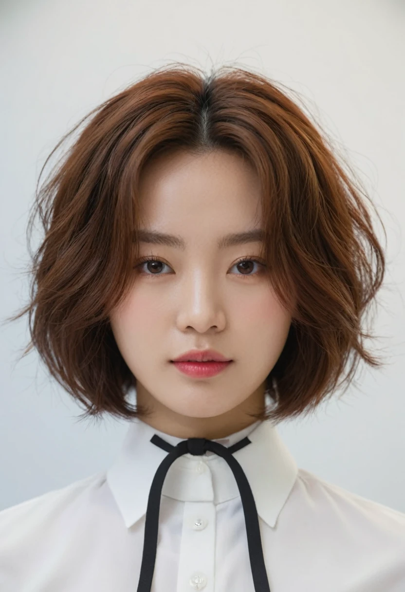 Best Quality, 8k, Masterpiece, (Portrait: 1.3), (photo realistic:1.4), (hyper realistic:1.4), Sharp Focus, looking at viewer, (smoother lighting:1.1), (increase cinematic lighting quality:0.9), realistic lighting, backlighting, light on face, ray trace, (brightening light:1.2), (Increase quality:1.4), sharp detail, (best quality real texture skin:1.4), finely detailed eyes, black_eyes, finely detailed face, 25 year old Korean woman, (white formal_shirt:1.4), (Create an image maintaining the original base model hairstyle:1.5)