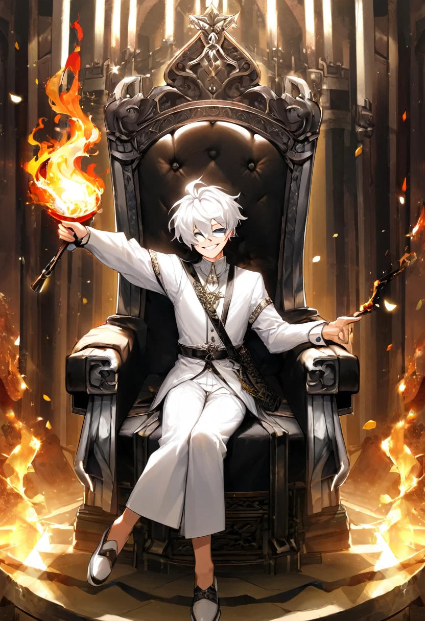 White white hair boy in a pitty smile face sitting in a black throne and his hand is holding a fire