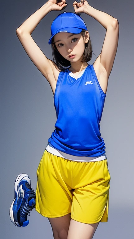 (smock, sleeveless shirt, pants, sports hat, raise your head, running shoes)、-yeld gi(raise your arms、Please show me your armpits:1.2)、(droopy eyes:1.2), (Not good:1.4), (very slim:1.3)、tight waist、long legs、Browsing Caution、Large, round eyes