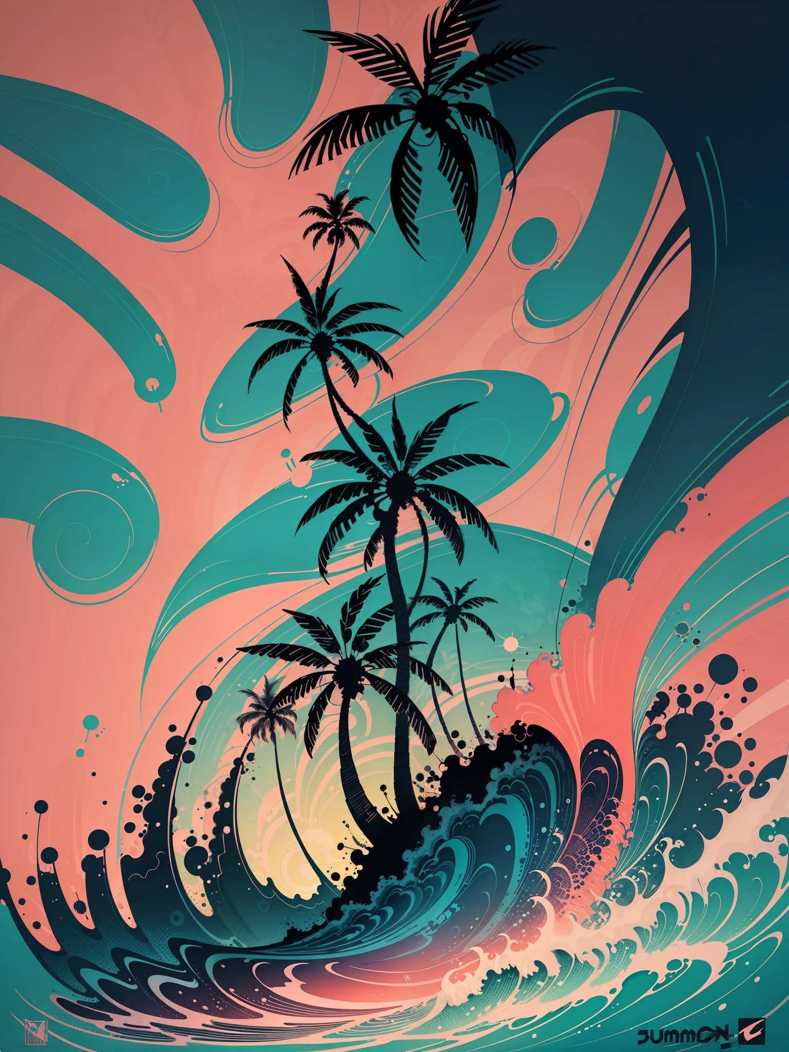 2d vector illustration, tshirt design for summers, palm trees, (surf: 1.1), (combi), sunrays, (best quality, masterpiece: 1.3), minimalist, (8 colors)