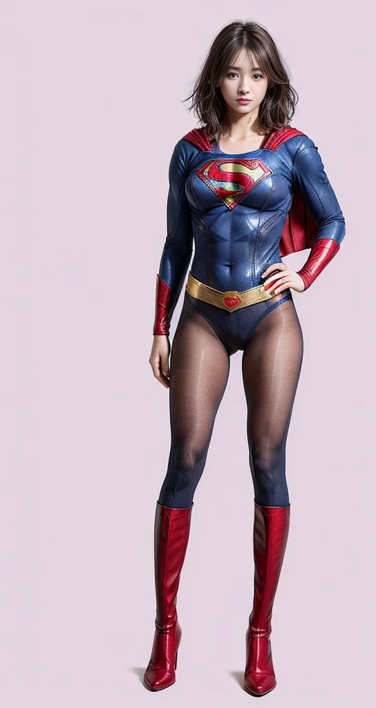 No background、(((Beautiful legs in black tights.)))、(((Legally express the beauty of your smile)))、((((Make the most of your original images)))、(((Supergirl Costume)))、(((Beautiful very short hair)))、(((suffering)))、(((Please wear black tights....、Wear red boots)))、((Best image quality、8K))、((Highest quality、8K、masterpiece:1.3))、(((Preserve background )))、Sharp focus:1.2、Beautiful woman with perfect figure:1.lim Abs:1.2、Wet body:1.5、Highly detailed face and skin texture、8K