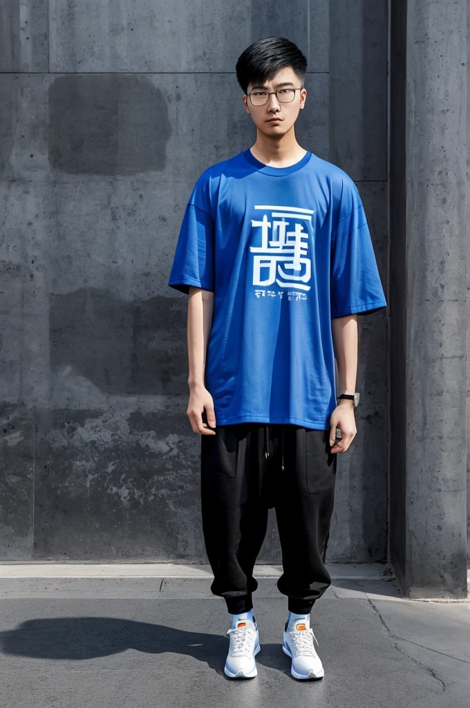 21 year old Beijing boy, he is wearing a oversize xxl blue plain t-shirt, he is wearing black trousers, he is wearing sneakers, he is wearing glasses, city, full body,  he is buzz cut Hair, foot, walking 