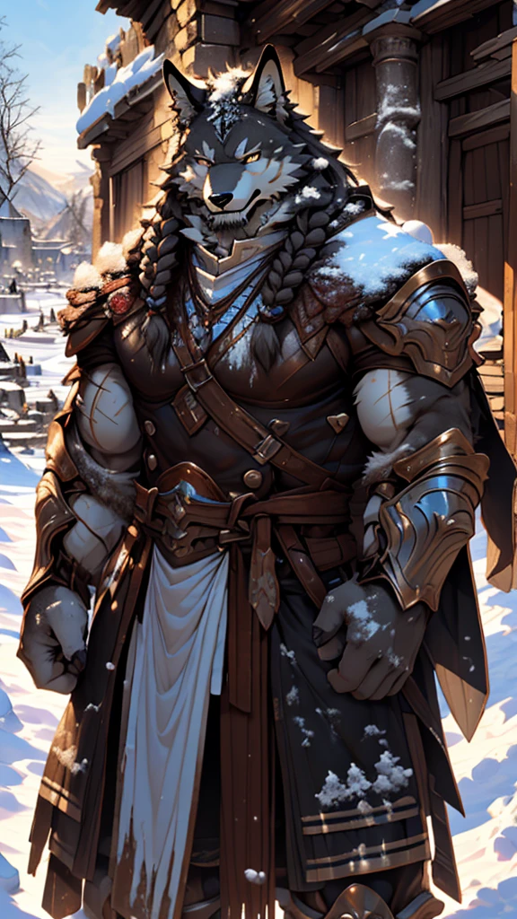 (photorealistic:1.4), 8k, (masterpiece), best quality, highest quality, (highly detailed fur:1.5), (detailed muscles:1.4), (detailed face:1.5), (realistic eyes), original, highres, unparalleled masterpiece, ultra realistic 8k, perfect artwork, grey wolf, male, middle aged, (general:1.2), armor, scars, long hair, braided hair, white braids, cold northern environment, (snowy:1.2), (ruins of snow-covered village:1.3)