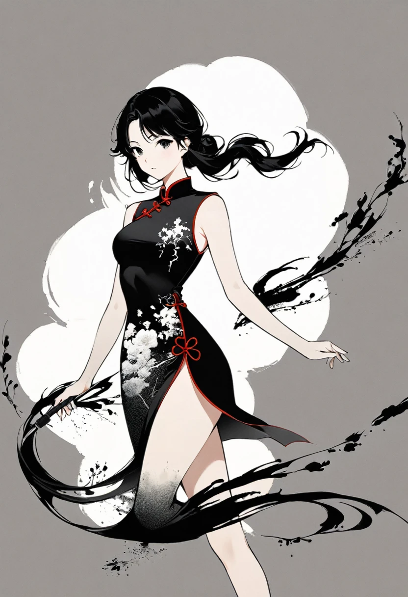 Artistic ink painting，Three-dimensional ink painting，Minimalism，Minimalist graphics，Minimal Art，Chinese anime girls，whole body，Chinese style，antiquity，Ink Painting，cheongsam，Black long hair，Black and white background，古韵White Space，White Space，大面积White Space，Texture Matte，Low saturation，Minimalist composition，Master composition