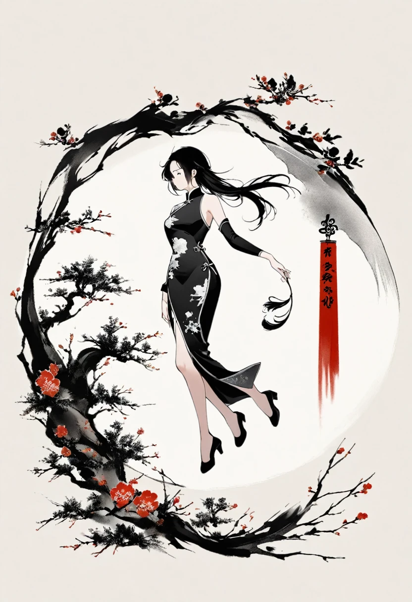 Artistic ink painting,Three-dimensional ink painting,Minimalism,Minimalist graphics,Minimal Art,Chinese anime girls,whole body,Chinese style,antiquity,Ink Painting,cheongsam,Black long hair,Black and white background,古韵White Space,White Space,大面积White Space,Texture Matte,Low saturation,Minimalist composition,Master composition