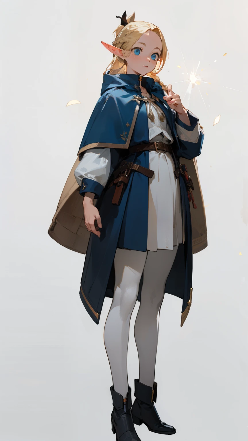 (masterpiece), ((best quality)), (super detailed), (Clean and delicate face, correct face, correct fingers), (whole body, standing posture), cinematic lighting, particle, flower, Single Braided blonde pony tail, parted bangs, forehead, blue eye, elf ears, slight smile, wearing white cape coat and skirt, white pantyhose, white boots, dark simple background, galaxy