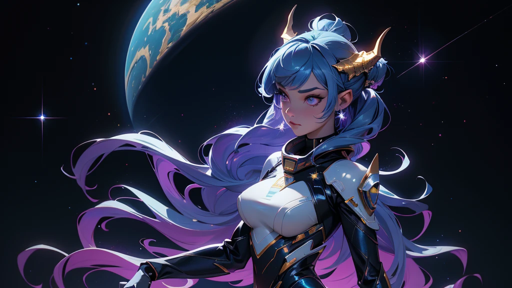 A space dragon sitting at the edge of the universe, lonely, sad, void, stars, the stars mixed in the sea, a sea of stars, ethereal woman, Blue and purple hair , space buns, space outfit, white black and gold outfit, golden dragon horns and tail, space outfit, space suit, mass effect suit, perfectly drawn face, black dress, stars detailed background, prismatic lighting, glitter, whole body, walking on the stars with crystal shoes A beautiful dragon humanoid woman with space hair of variant shades of blue and purple with space buns in hair , Golden scanes on the face and shoulders, Anime, 4k, Beautiful woman with a golden dragon tail and horns, Space hair, Floating in space, Vintage space Attire, floating through space, dancing, havign fun, Space Witch, Witch, Older woman, Toned physique, long hair with side bangs, humanoid face with scales, human with dragon horns and tail, witch outfit, body suit, thigh boots, wearing black, white and gold, blue hair, purple hair, Woman in space with water rippling reflecting the night sky, space and water mixed today, dancing in space, floating, ethereal dragon at the edge of the universe, end of the universe